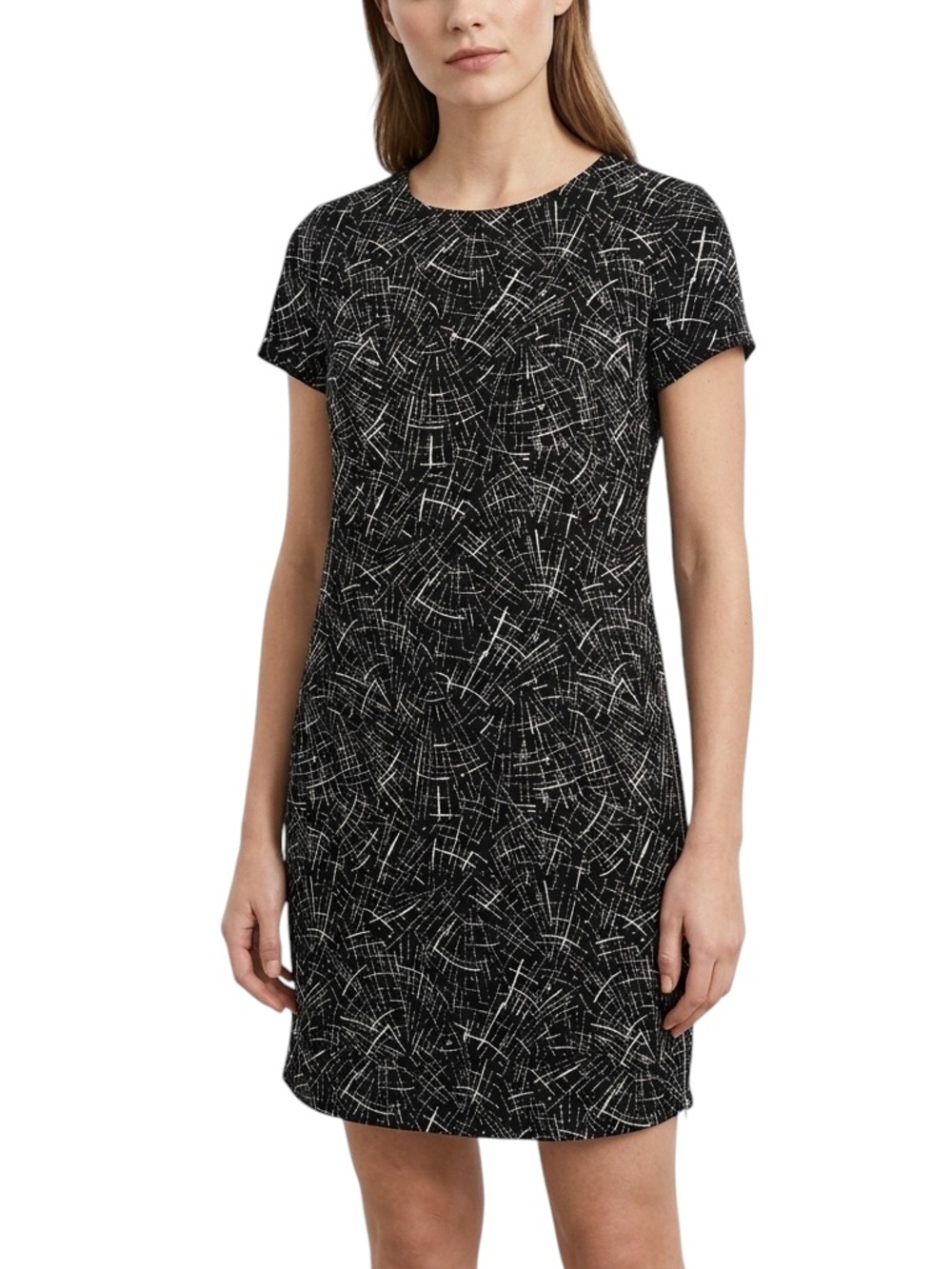 WAYF Black with White Abstract Print Shift Dress with Side Zippers